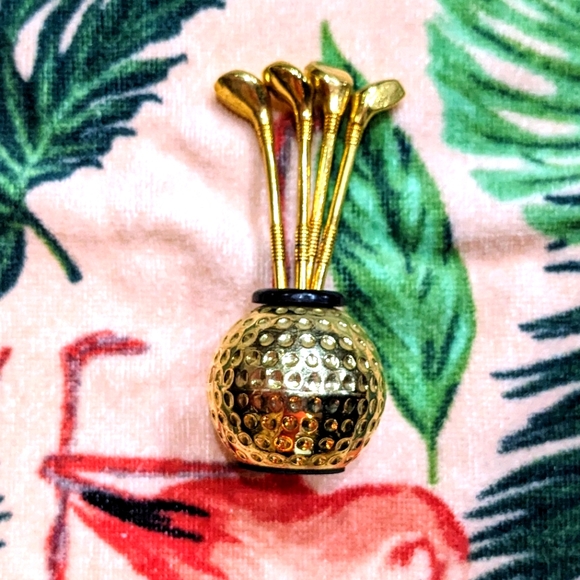 1960s Martini Pick Golf Ball Club Gold vintage cocktail bar MCM mod drink 60s - Picture 6 of 8
